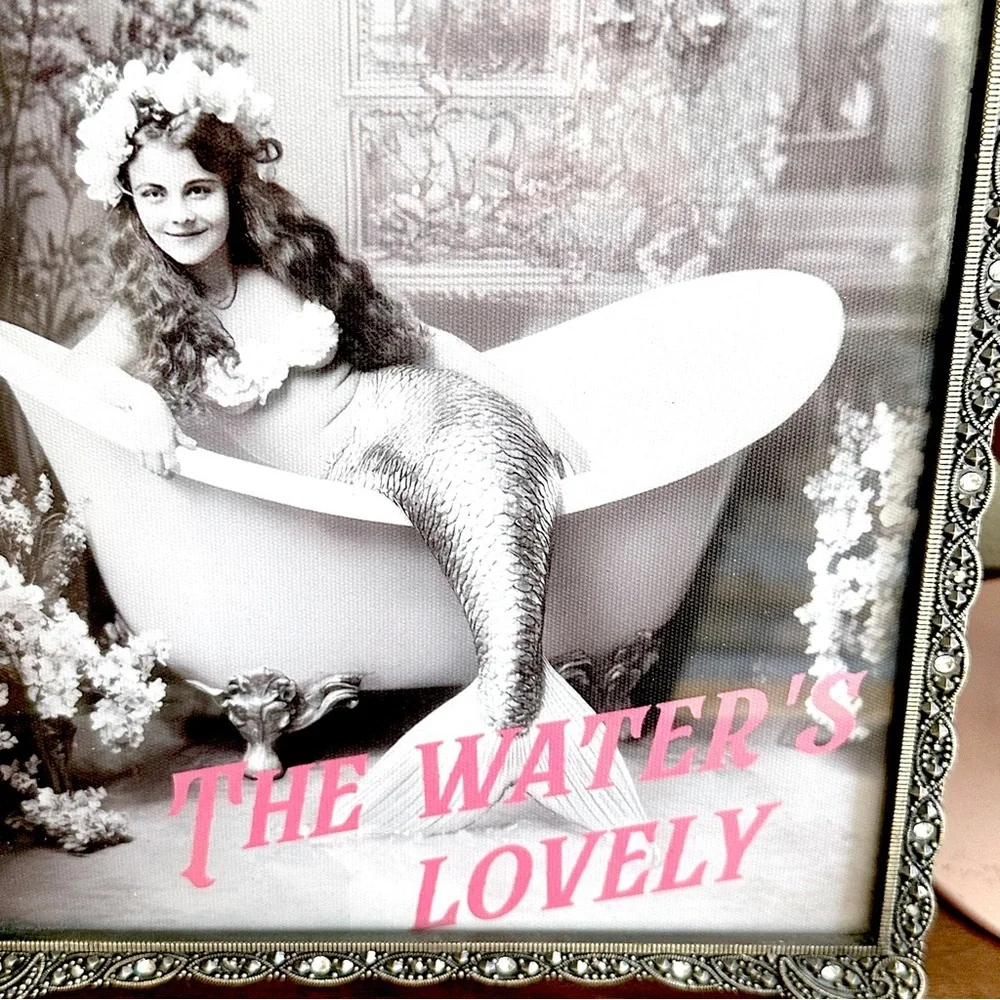 Vintage Style Mermaid in a Bathtub Canvas Wall Art Silver Rhinestone Framed